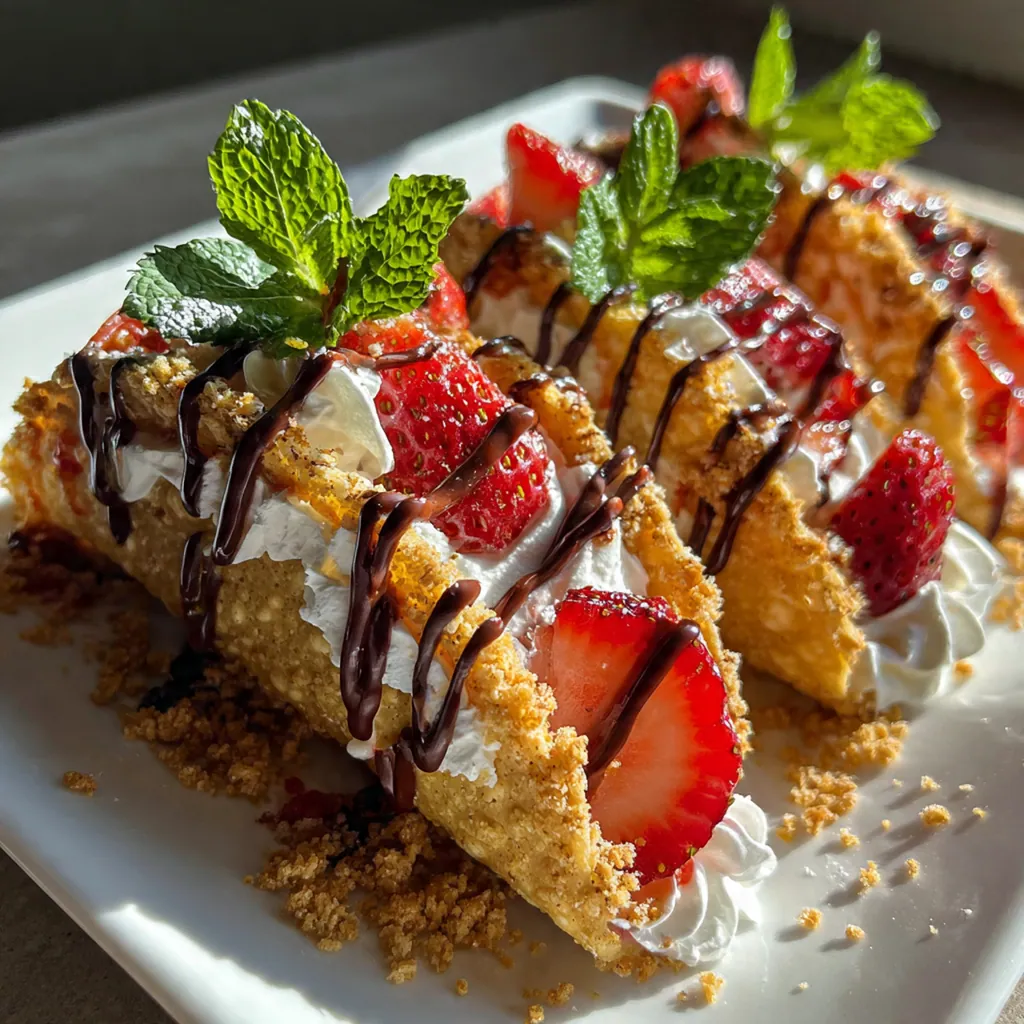Close-up of a single strawberry crunch cheesecake taco with a sprinkle of pink oreo crumbs on top