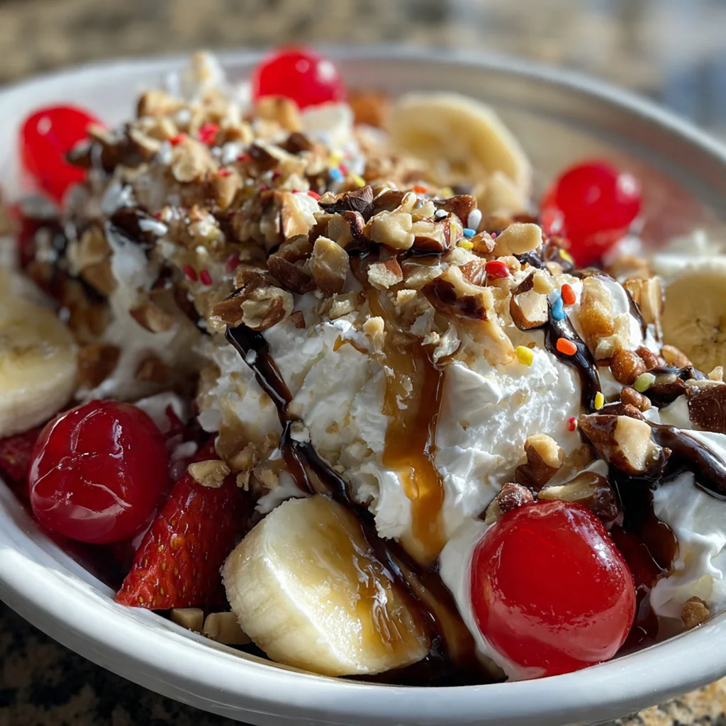Close-up of a maraschino cherry perched on fluffy whipped cream with warm fudge sauce drizzling down
