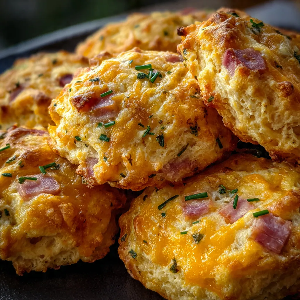 Close-up of flaky buttermilk biscuit interior studded with diced ham and melted sharp cheddar cheese