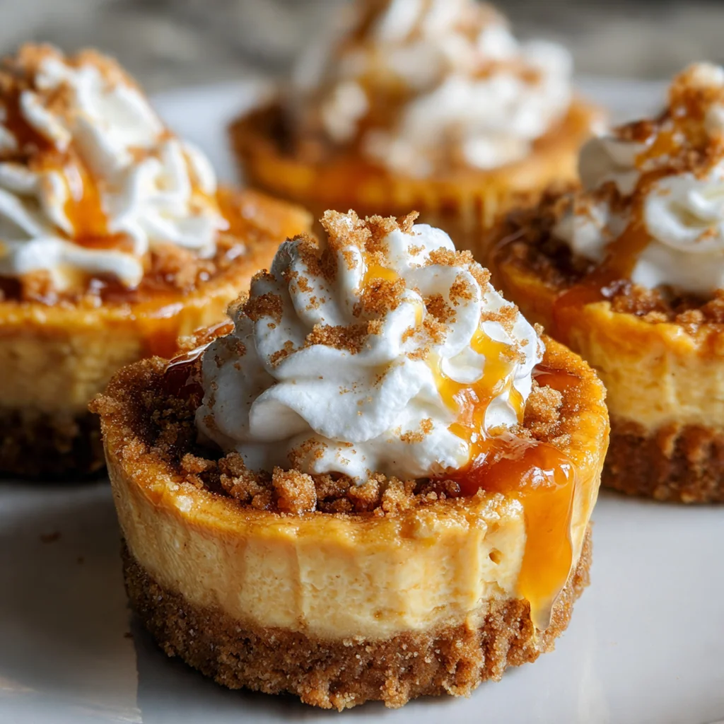 Close-up of a single mini cheesecake topped with whipped cream, caramel drizzle, and pecans