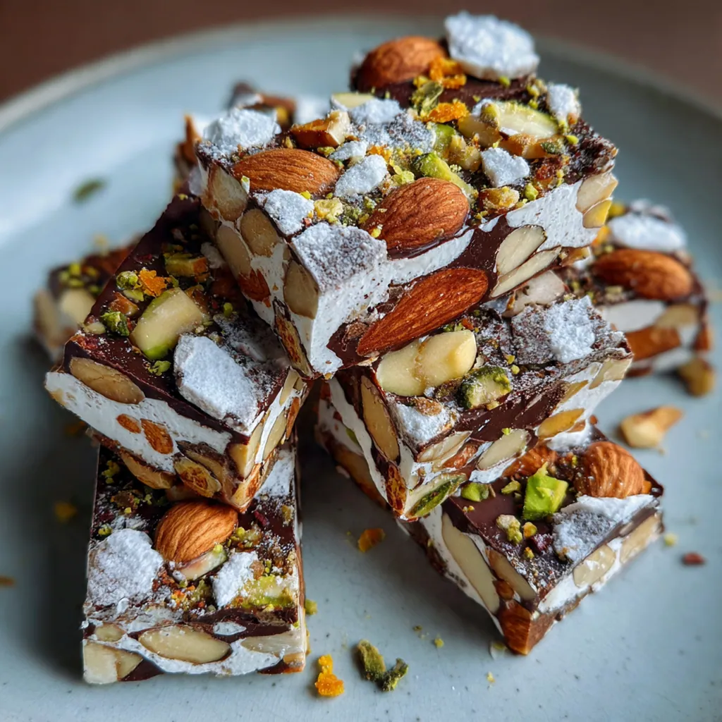 Close-up of a square of torrone with glossy chocolate and toasted almonds and hazelnuts peeking through