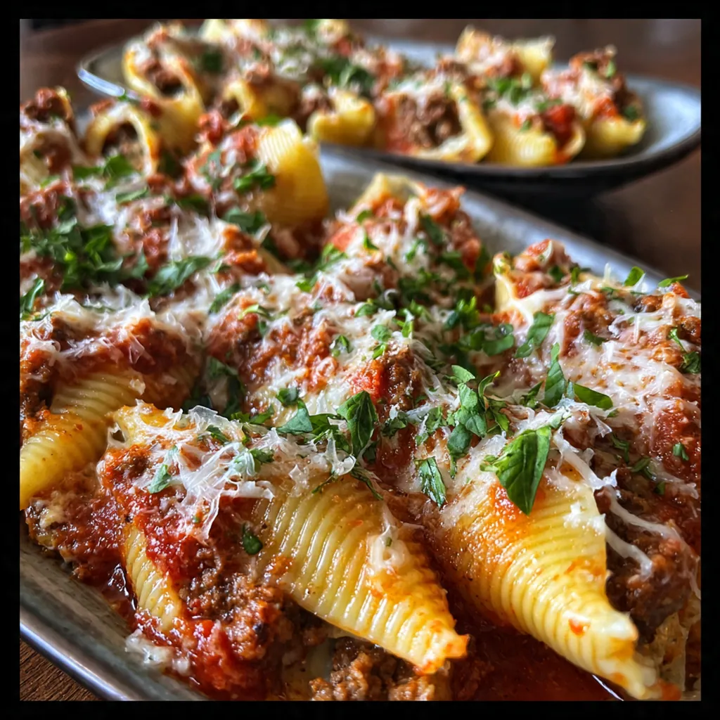 Stuffed pasta shells with ground beef and ricotta filling topped with marinara sauce