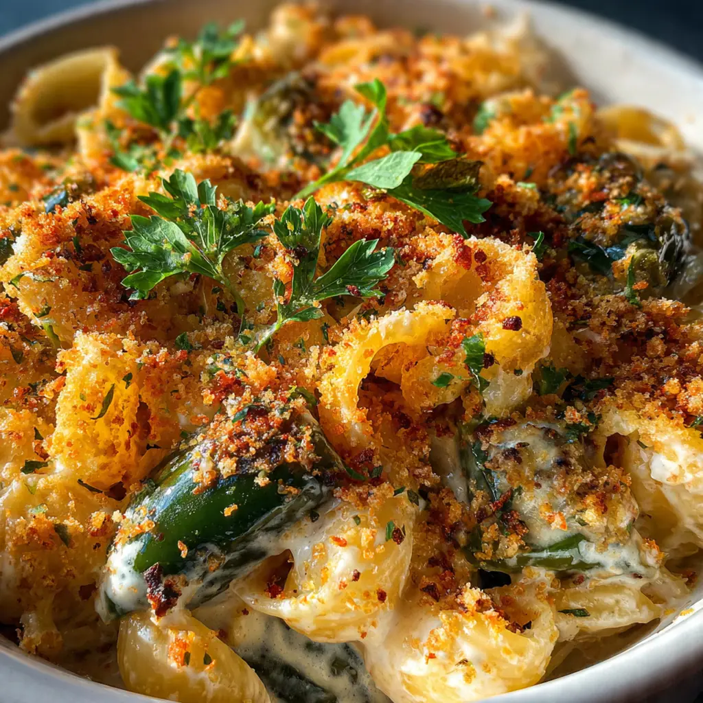 Close-up of a spoon pulling up stretchy Gouda cheese and tender pasta from the baking dish