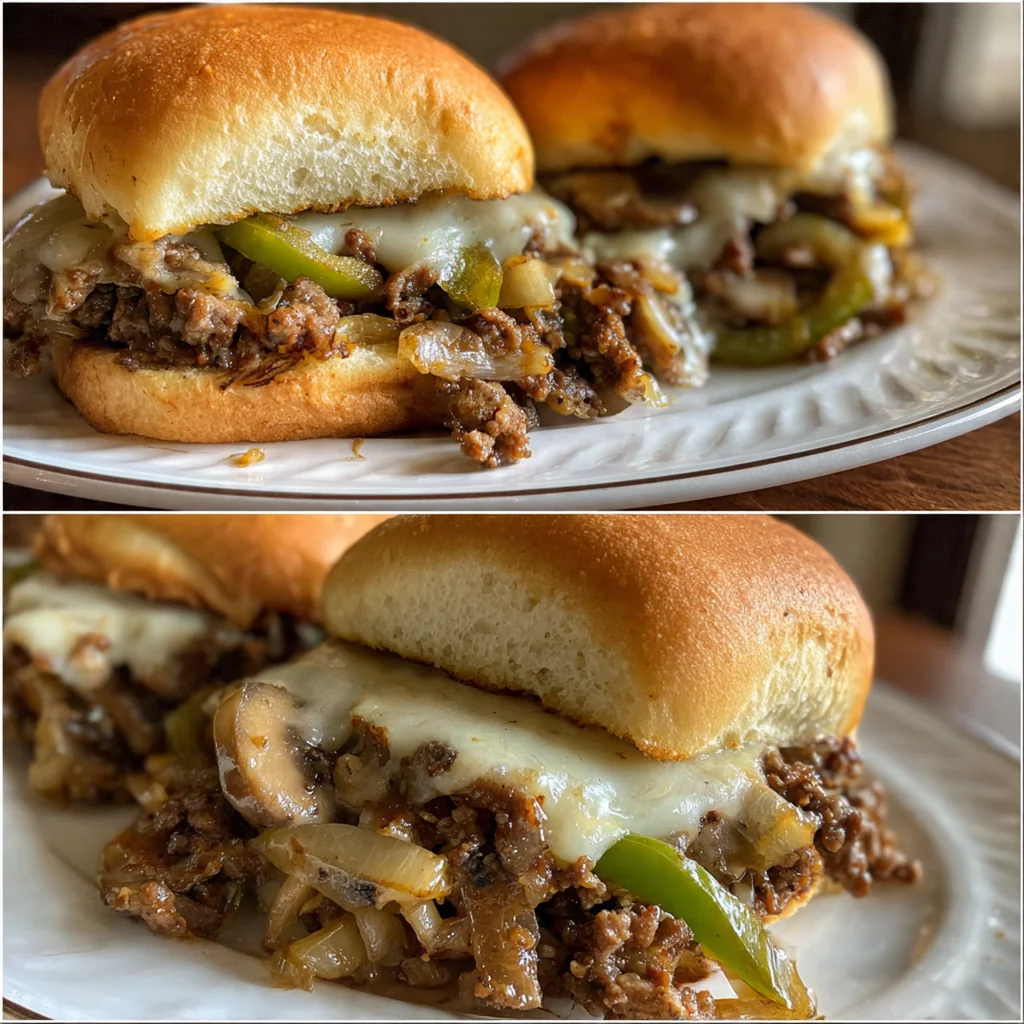 A close-up view of the savory ground beef and mushroom mixture with melted cheese