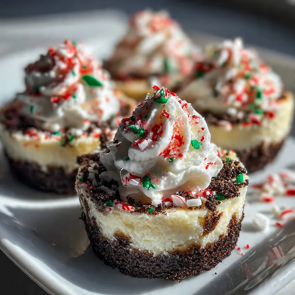 Scattered peppermint candy canes and crumbs next to a finished cheesecake on a rustic wooden table