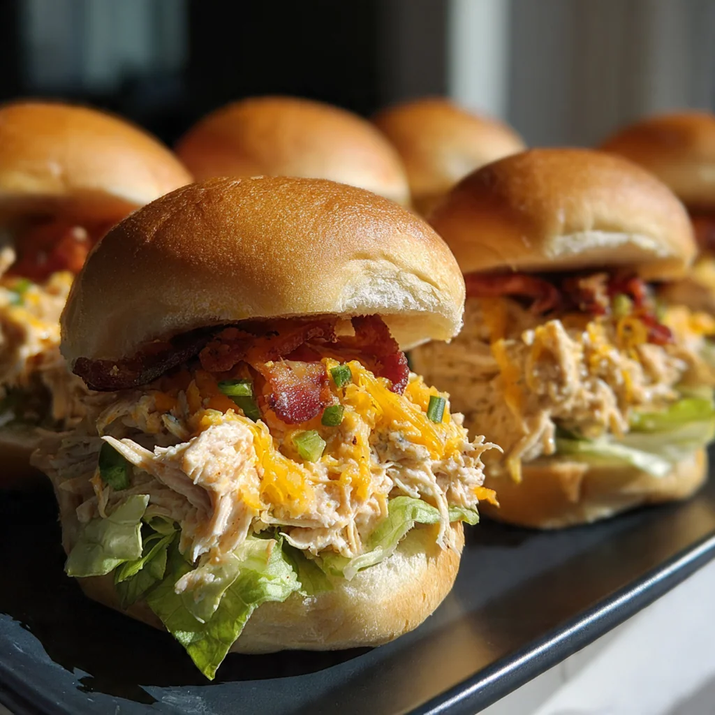 Close-up of a single slider with creamy chicken, melted cheddar, and crumbled bacon peeking out