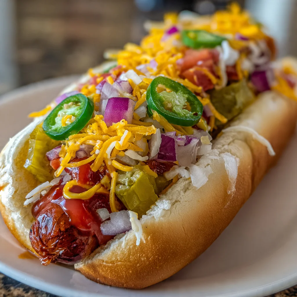 Close-up of a juicy hot dog topped with mustard, relish, and onions