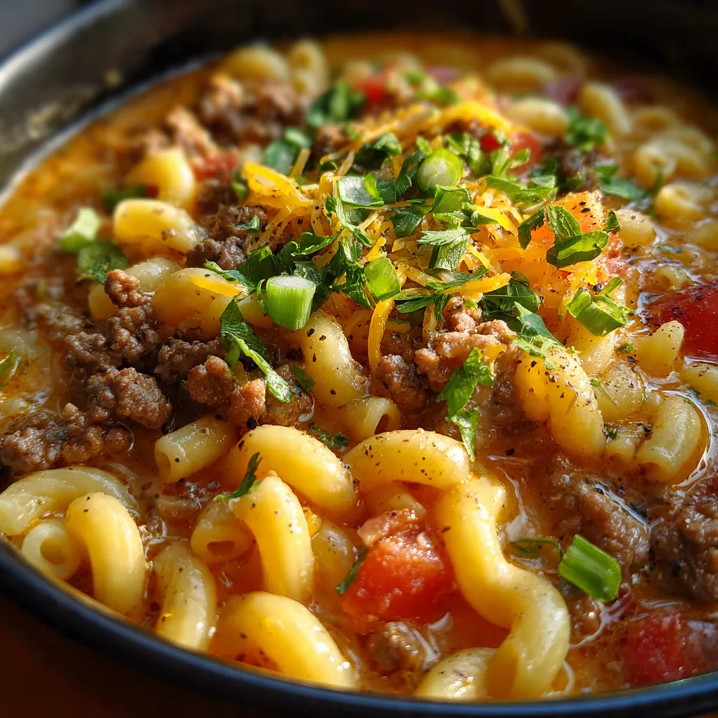 Dutch oven filled with hearty cheeseburger soup, ready to be served at a family dinner table
