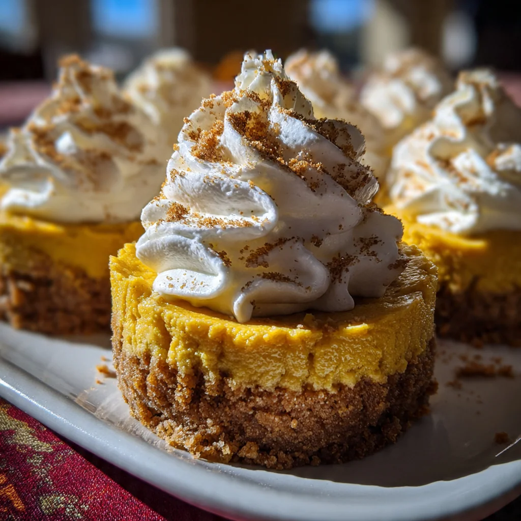Overhead shot of a festive platter of mini pumpkin cheesecakes surrounded by autumn leaves and cinnamon sticks