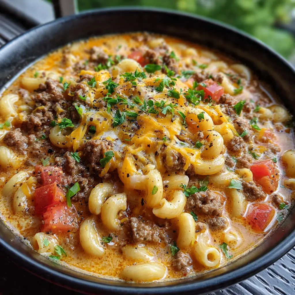 Close-up of a spoonful of soup showing tender macaroni, ground beef, and melted cheddar cheese
