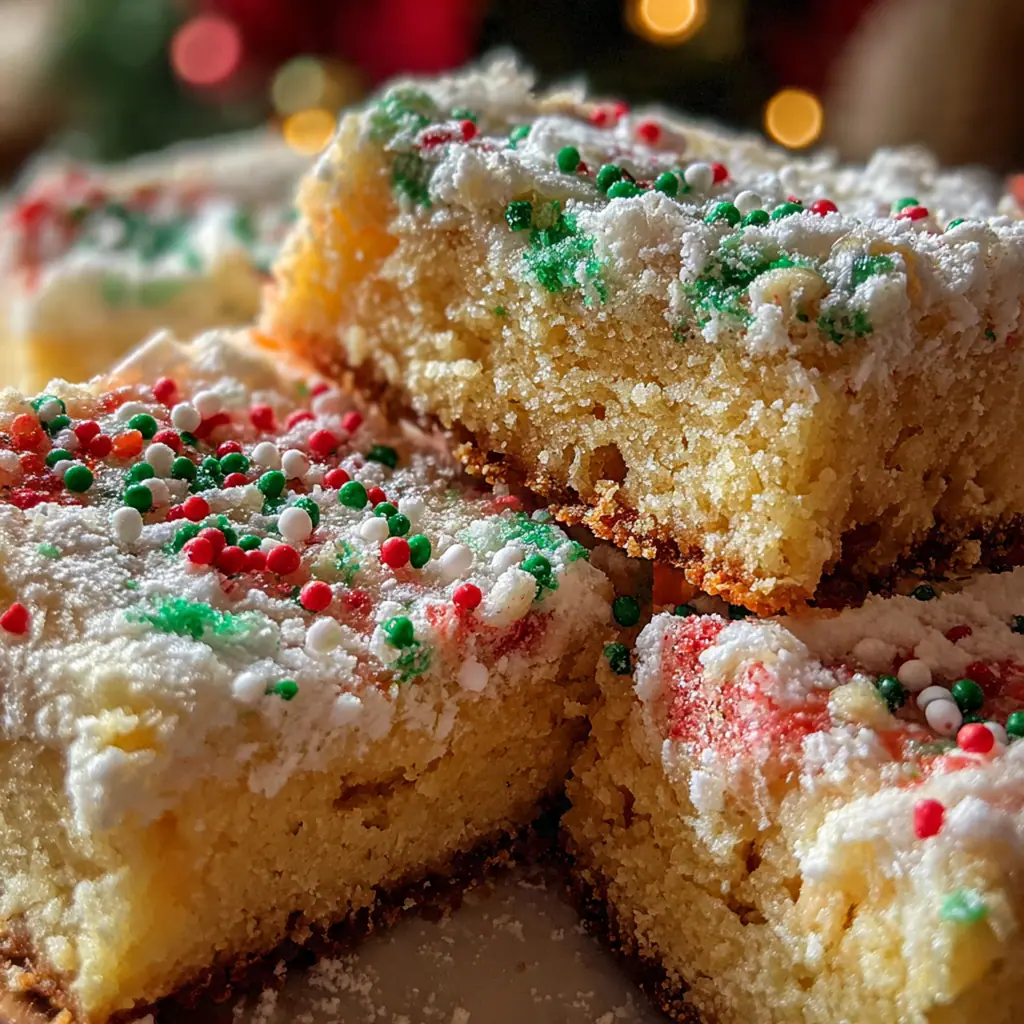 Close-up of a chewy sugar cookie bar topped with vanilla frosting and red and green sprinkles