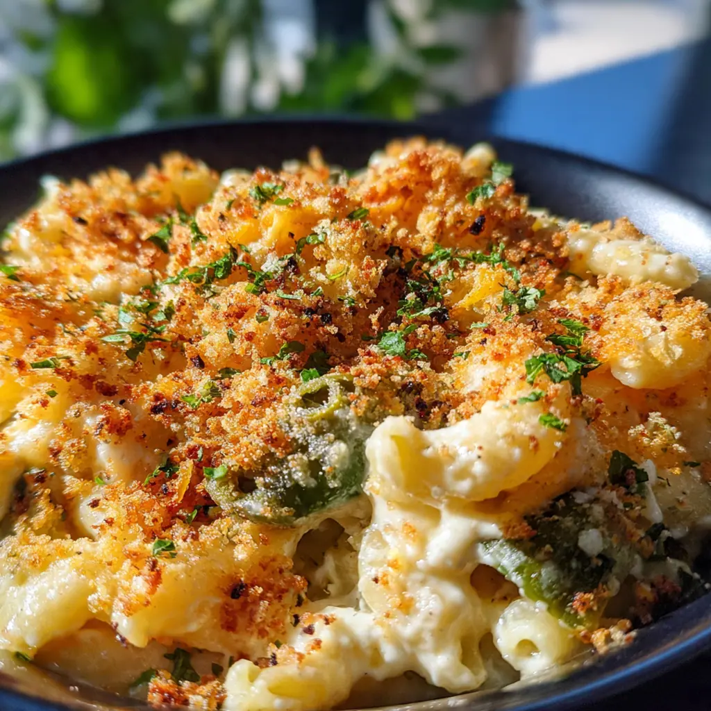 Creamy baked mac and cheese with golden breadcrumbs and specks of roasted poblano pepper