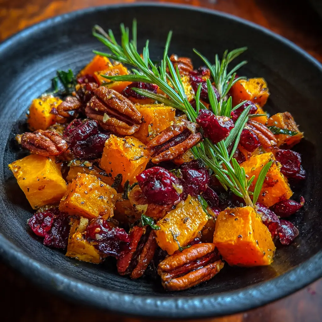 Vibrant roasted butternut squash with burst cranberries and toasted pecans on a white serving platter