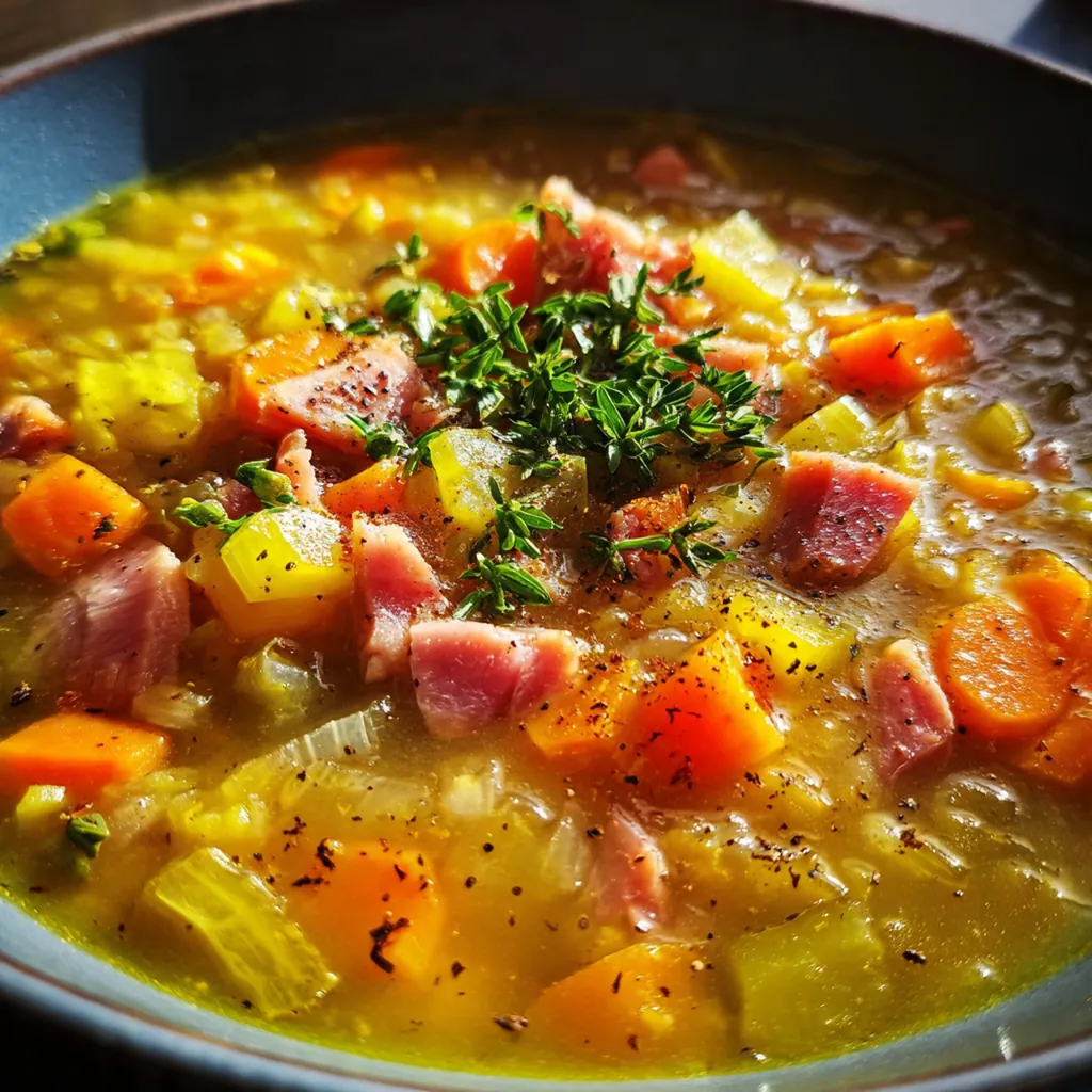 A creamy, thick crockpot split pea soup with carrots and ham in a white bowl