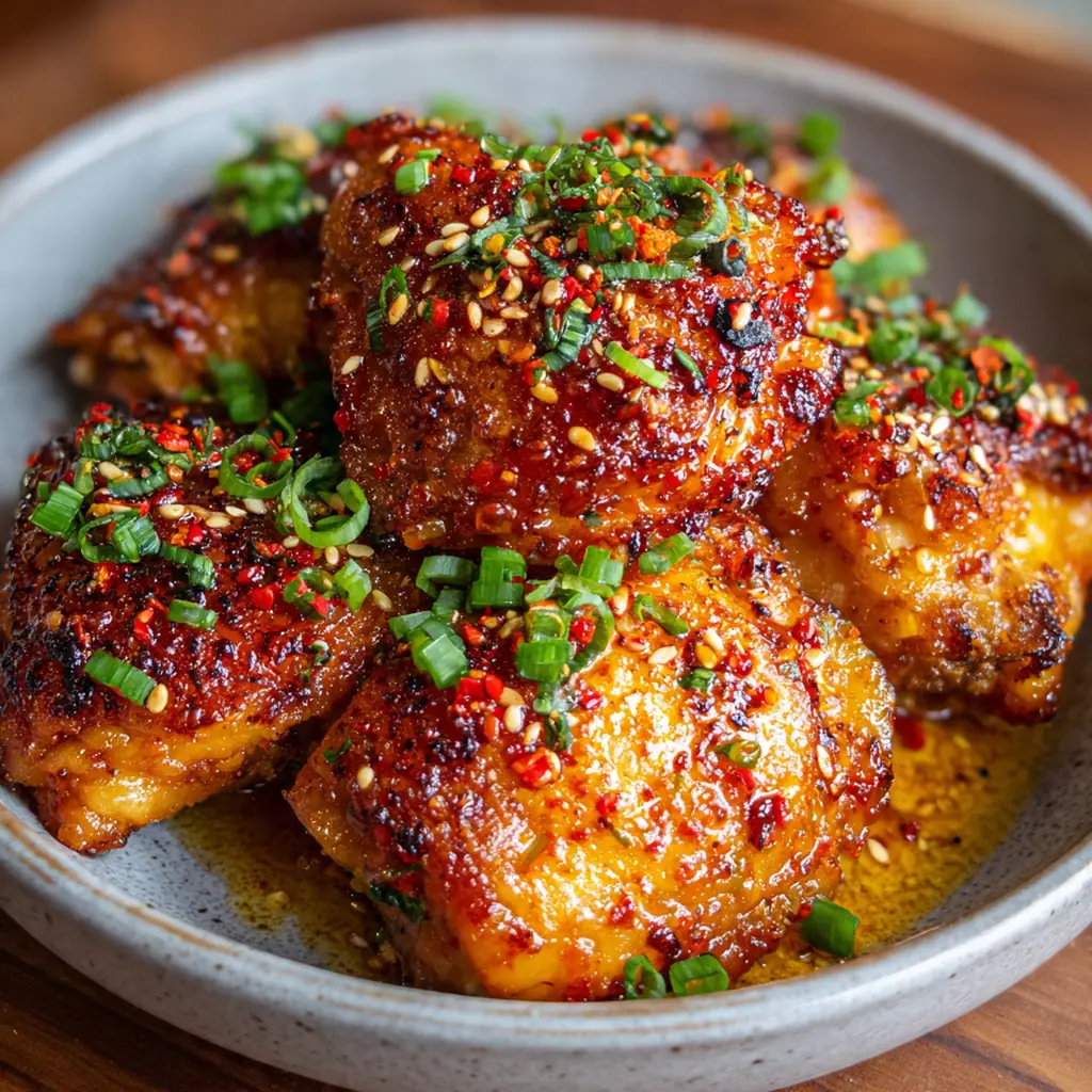 Crispy baked chicken thighs glistening with a sticky, amber-colored hot honey glaze on a white platter