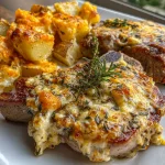 Garlic Butter Pork Chops Cheesy Potato Bake