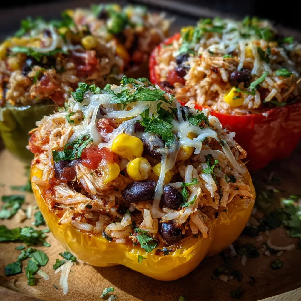 Halloween Shredded Chicken Rice Stuffed Peppers