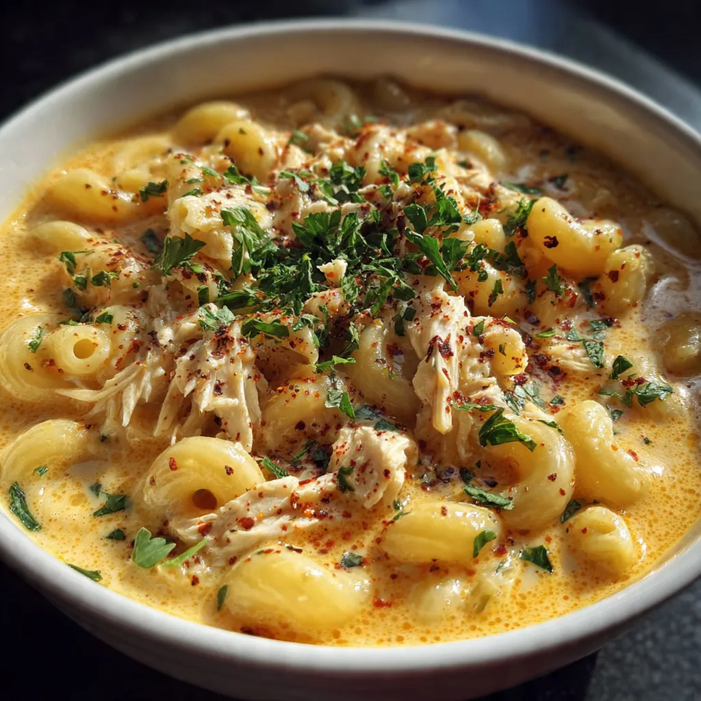 A steaming pot of creamy mac and cheese soup with melted cheddar and elbow pasta