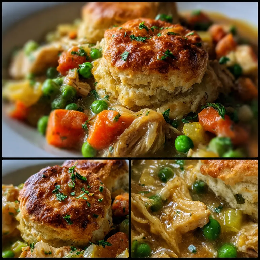 A cast iron skillet filled with creamy chicken pot pie topped with golden, fluffy biscuits