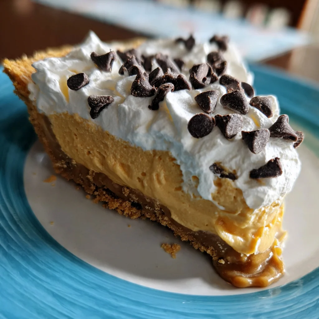 A whole classic no-bake peanut butter pie with a chocolate crust and creamy filling, topped with whipped cream and a chocolate drizzle