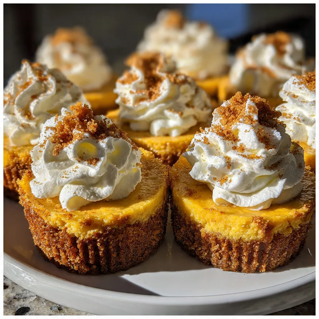 A dozen mini pumpkin cheesecakes with graham cracker crusts and creamy filling on a rustic table
