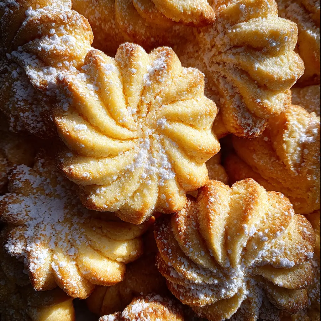 A delicate lace rosettes cookie dusted with snowy powdered sugar on a rustic wooden board
