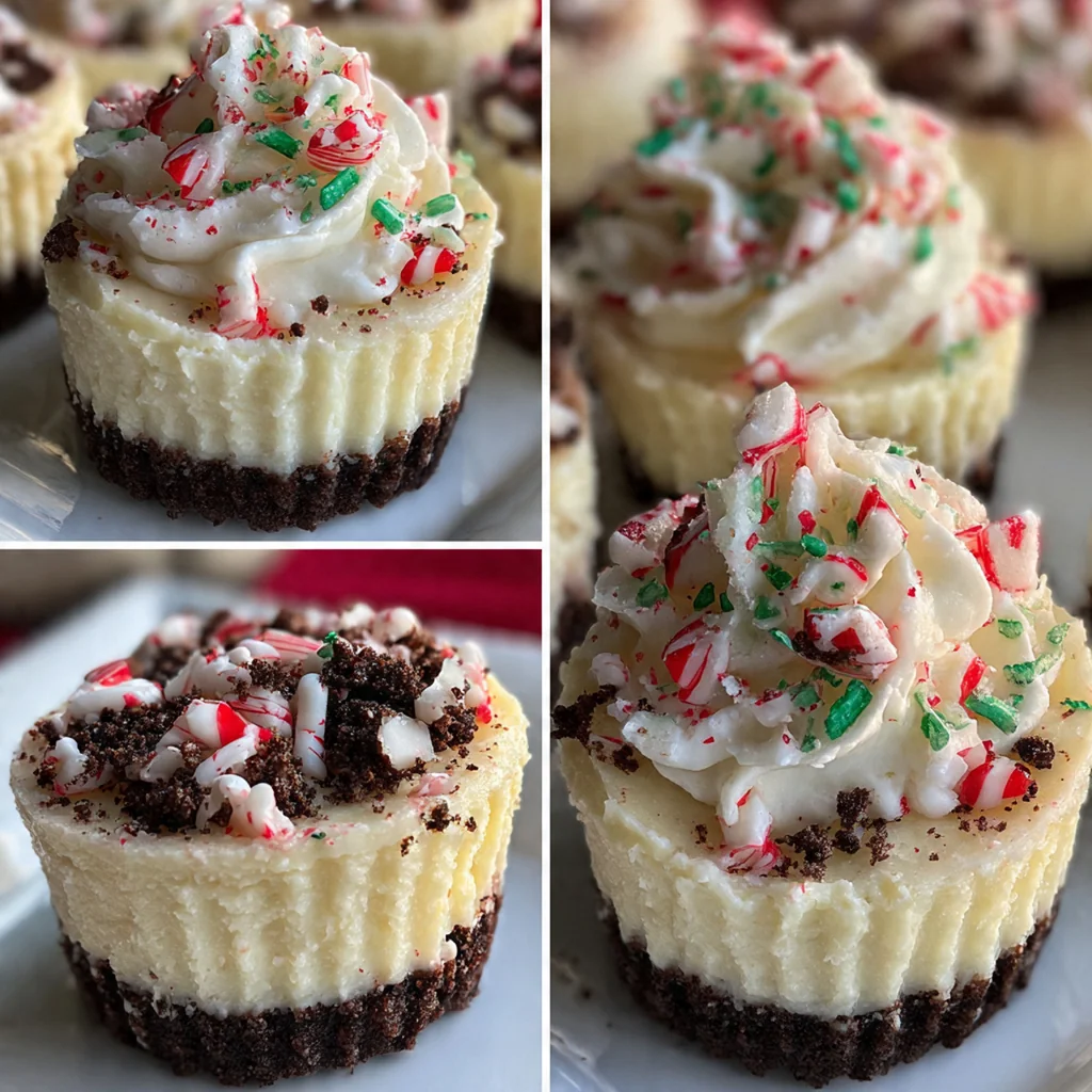 A dozen mini peppermint cheesecakes with red swirled filling and white whipped cream topping on a festive platter