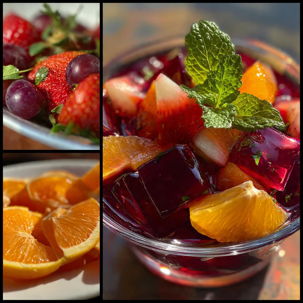 Vibrant Sangria Jello Shots in clear glasses with slices of orange, lemon, and lime